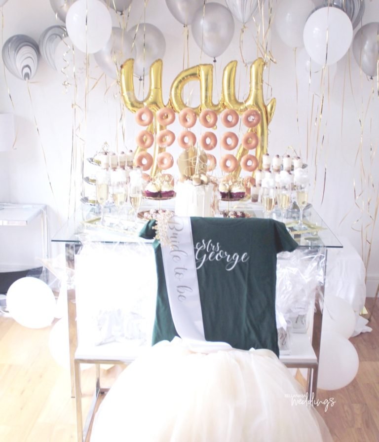 Silver & White Balloons + a Donut Wall Sure Made Dupe's Surprise Bridal ...